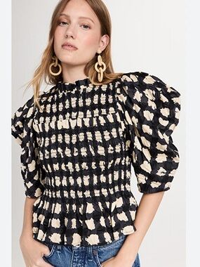 Sea New York Black & Cream Smocked Puff Sleeve Top